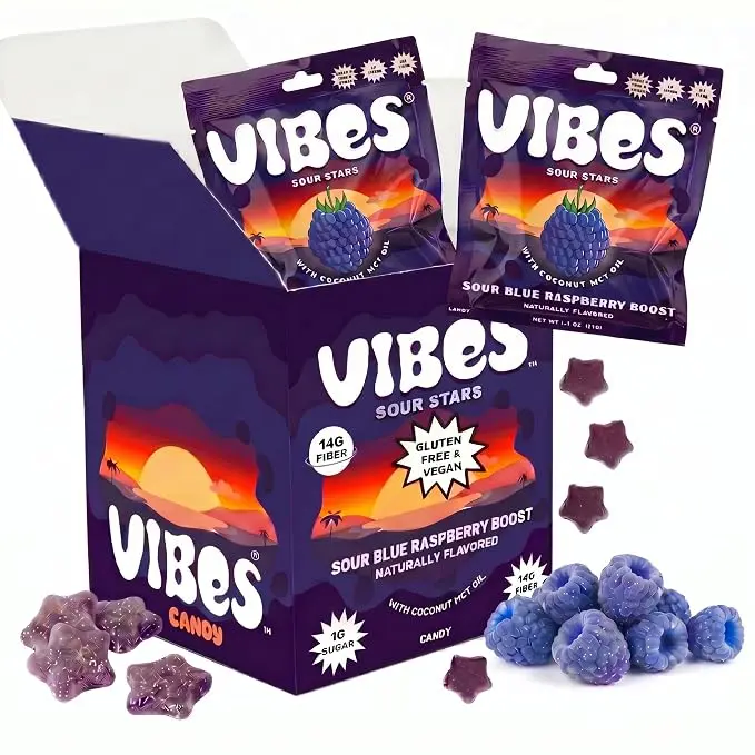 VIBES Sour Blue Raspberry Boost - Healthy Gluten-Free & Vegan Fruit Chews - Fruit Snacks for Kids, Teens, & Adults - High Fiber - non-gmo - 2g Sugar - 6 Pouches of 18 Fruit Gummies in Each Box