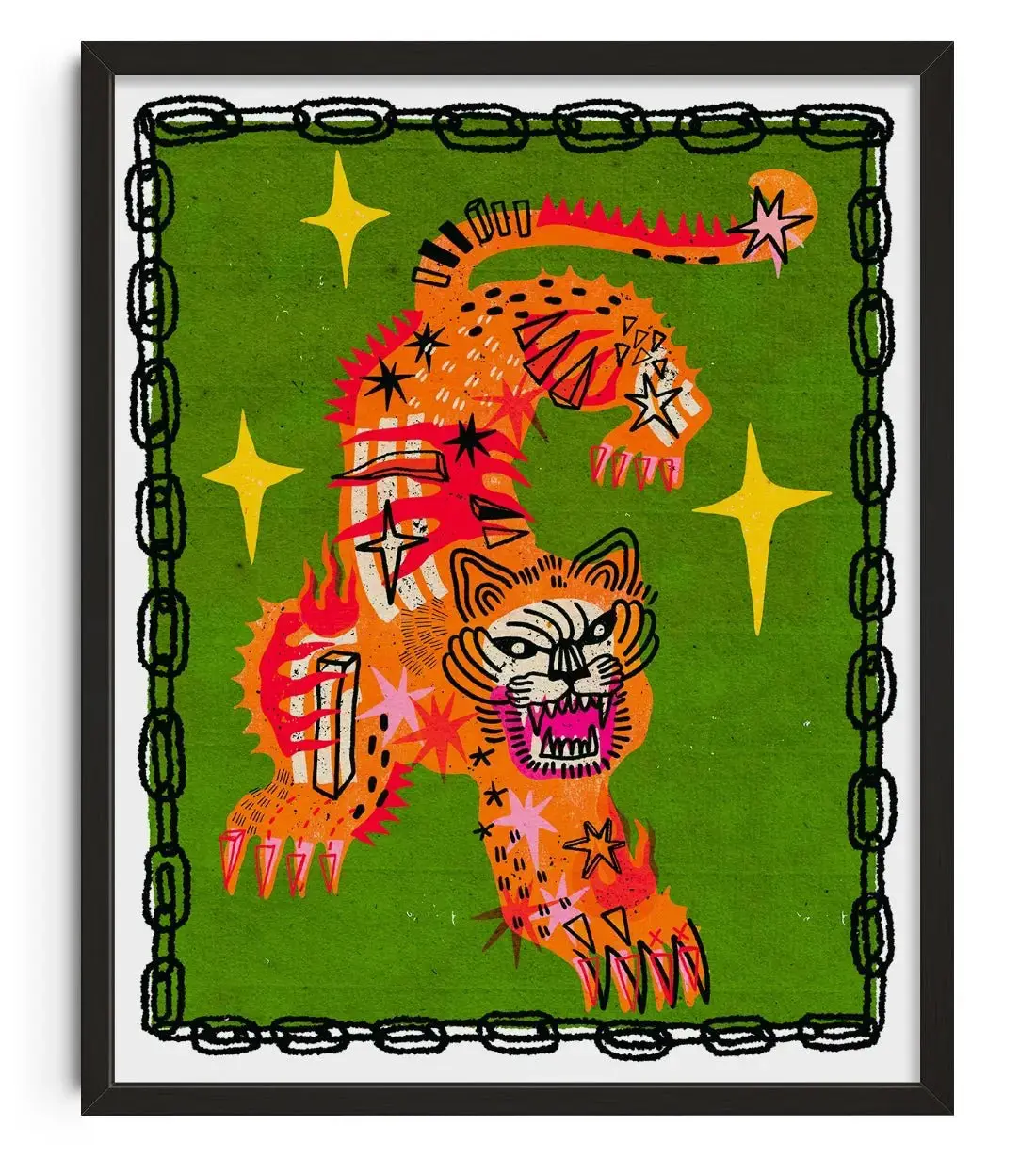 Green Tiger Illustration Vintage Wall Art Print Poster