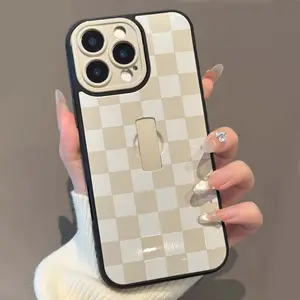 Cute Checkered Checkerboard Phone Case with Finger Strap Kickstand,Slim Full Camera Protection Shockproof Cover for iPhone 16 Pro Max 15 14 13