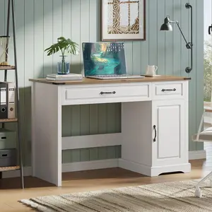 47" Antique White Farmhouse Desk, Wood Computer Desk with Drawers & Storage Cabinet for Home Office or Study