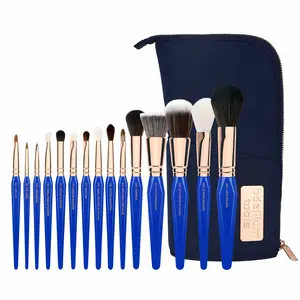 Golden Triangle PHASE I Complete 15pc. Brush Set with Pouch - All Vegan Synthetic Bristles, Ergonomic Handles, Cruelty-Free, Hypoallergenic, Rose Gold Ferrule, Blue Lacquered Handle