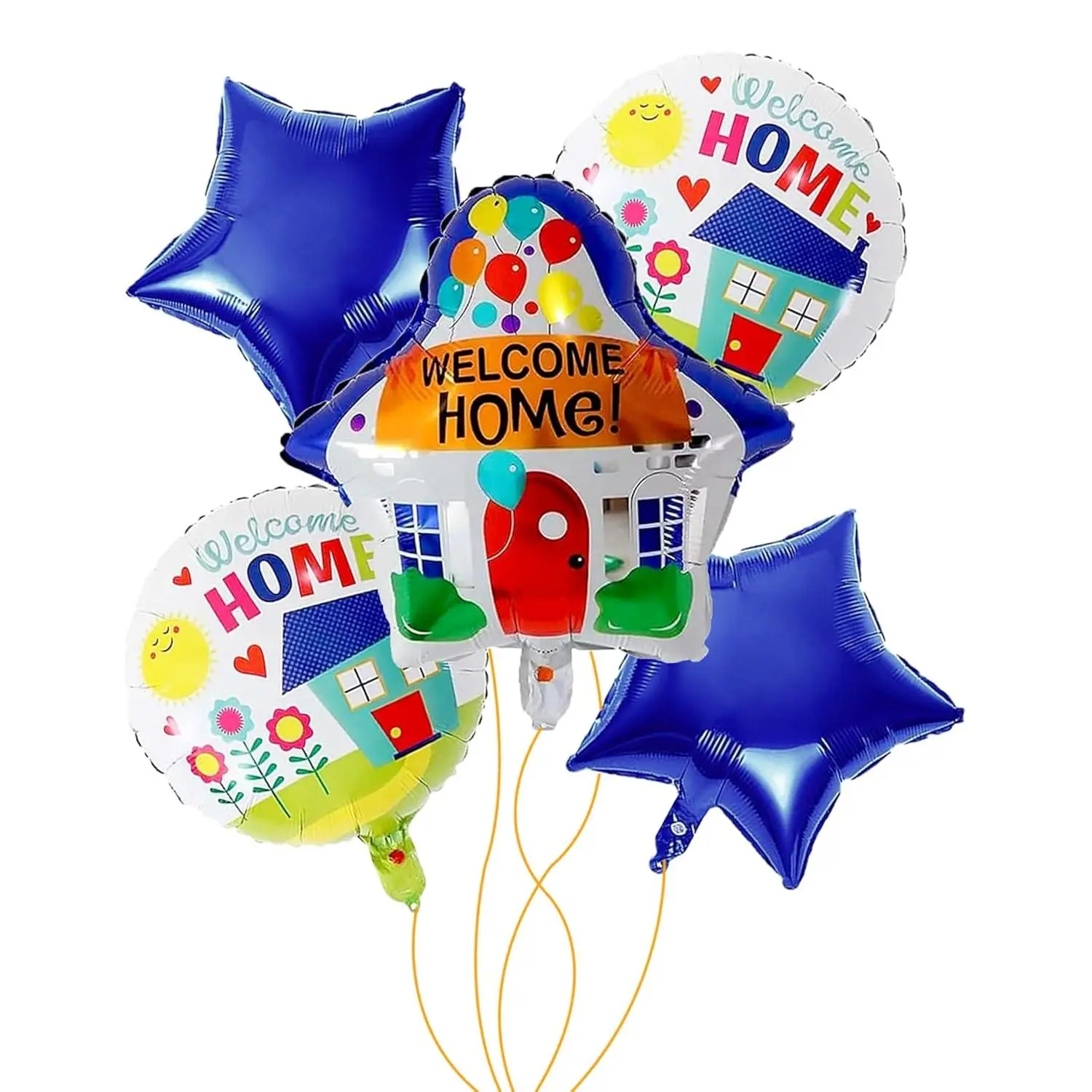 Welcome Home Balloons - House Shaped Balloons For House Warming & Welcome Back Parties - Blue Star Foil Mylar Balloons