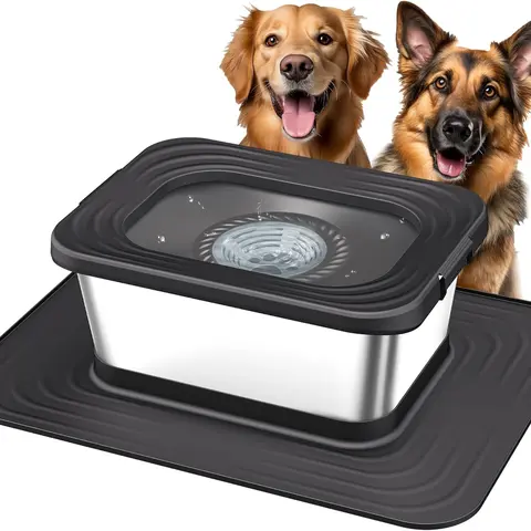 UPSKY Stainless Steel Dog Water Bowl, Animal Drinking Water Bowl for Large Dogs, 7L/10L (1.8 gal), 20"x15", No-Spill Anti-Splash Slow Drinking Design, Non-Slip Silicone Base, Activated Carbon Filter, Indoor-Outdoor Use