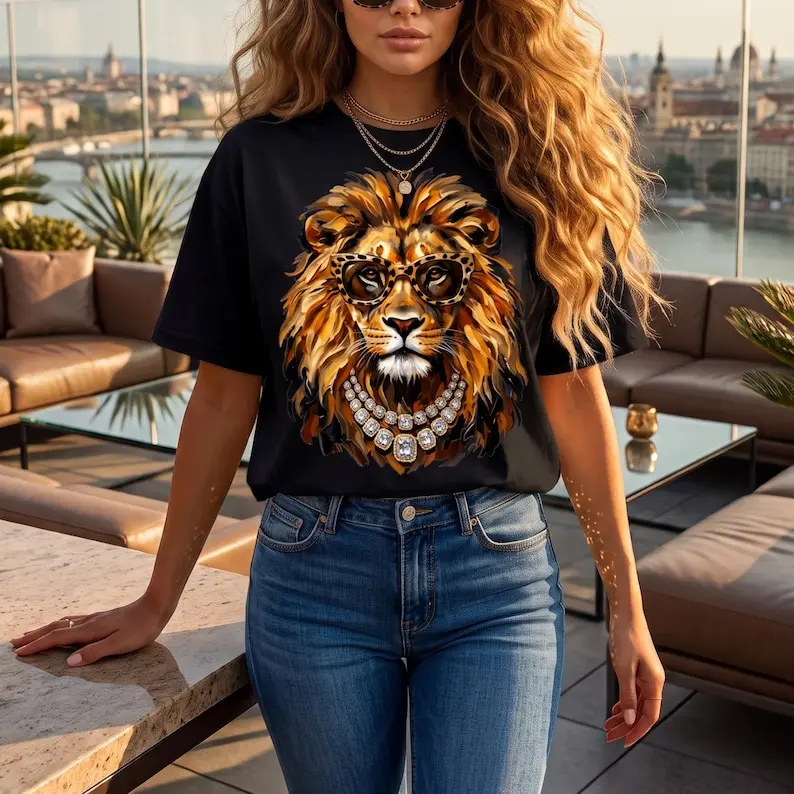 Women's Glam Lion Shirt, Boujee Leopard Sunglasses Graphic Tee, Bling Animal Print Wildlife Gift, Safari Queen Style, Comfort Colors Tee