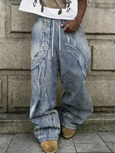 American Street Style Frayed Edge Wide Leg Jeans, Unisex Loose Straight Pants, Fitted Drawstring Waist, Graphic Pattern