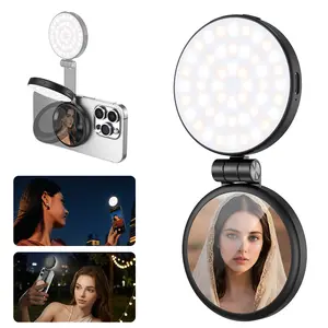 2026 New 3 in 1 Three-level brightness adjustable magnetic circular LED selfie fill light, rechargeable, foldable, with phone holder and mirror, compatible with various mobile phones, suitable for Vlog / live streaming fill light.