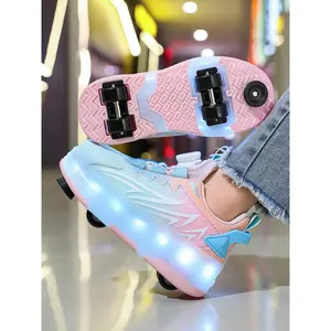 Girls' Four-Wheel Roller Skates, New Wheel Sports Shoes, Adjustable Rotating Buckle, Breathable Mesh, LED Light, USB Charging, Multifunctional Roller Skates