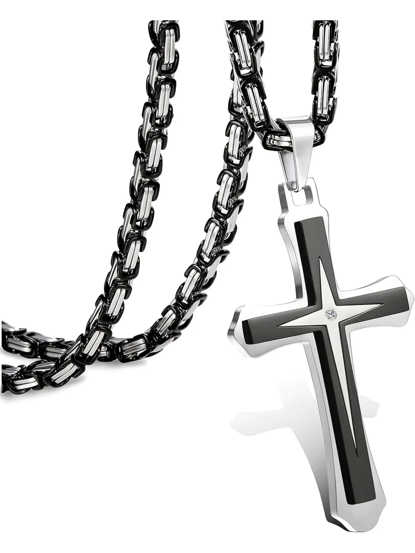 Men's Plated Stainless Steel Chain, Cuban Cross Charm Necklace, Cross Necklaces, Cuban Link Design, Elegant Plain Design, Adjustable Size 22-30 Inch, All Season Wear, Cuban Link Jewelry