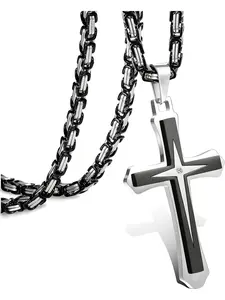 Men's Plated Stainless Steel Chain, Cuban Cross Charm Necklace, Elegant Plain Design, Adjustable Size 22-30 Inch, All Season Wear