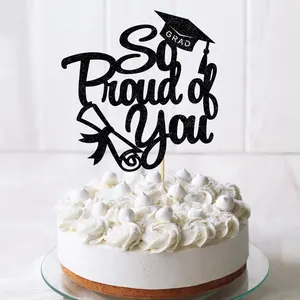 1Pc So Proud of You Cake Topper with Gold Glitter Diploma Graduation Cap Cake Pick for Graduation Theme High school and University Party Supplies