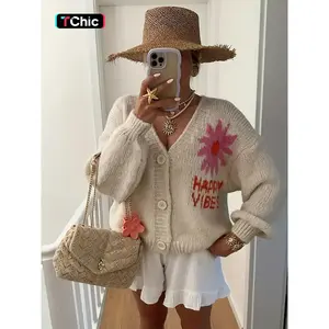 Women's Sunflower Pattern V Neck Loose Knit Sweater Jacket, Casual Fall Winter Fashion, Two-Sided Wear Design, Elegant Commuter Style, Knit Cardigan