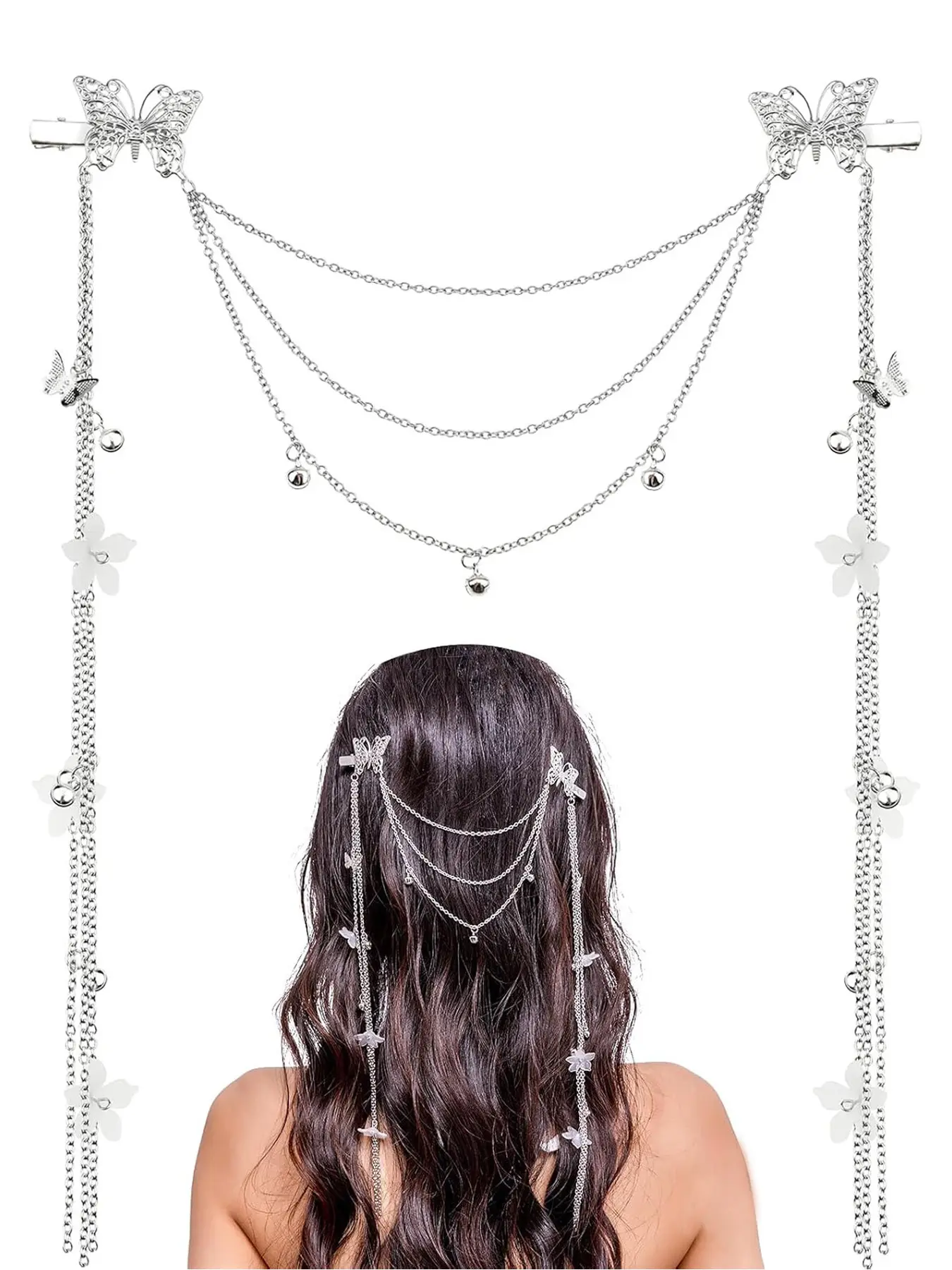 1 piece set of silver wedding butterfly flower headband with bohemian headband chain tassel headband for ladies, sparkling rhinestone fake earrings for ladies and girls hair accessories
