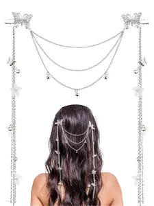 1 piece set of silver wedding butterfly flower headband with bohemian headband chain tassel headband for ladies, sparkling rhinestone fake earrings for ladies and girls hair accessories