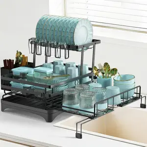 2 Tier Dish Drying Rack, 2-in-1 Expandable Dish Racks for Counter, Anti-Rust Large Drainers for Sink with Drying Mat, Cups Holder, Utensil Holder