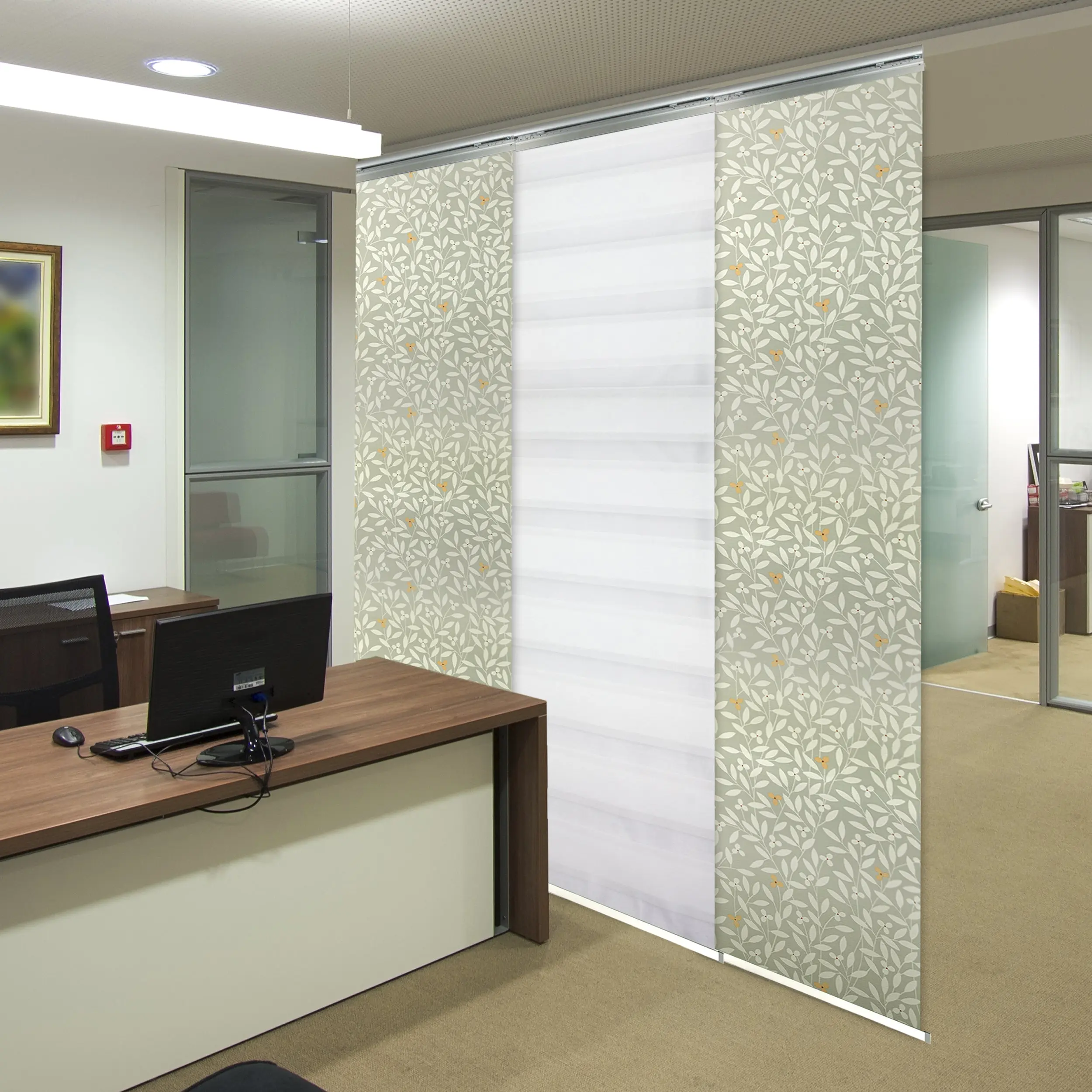 3-Panel Single Rail Panel Track Blind Extendable 36"-66"W x 91.4"H, Panel width 23.5", Macadamia, Camellia