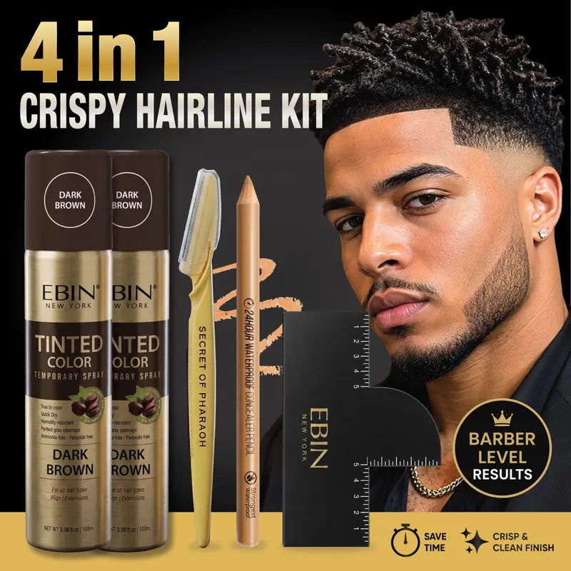 4-In-1 Temporary Hairline Enhancement Spray Kit with Free Enhancement Card, Precision Razor & sweatproof Pencil – Professional Crisp Lineup At Home (Dark Brown)