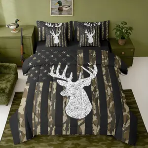 Deer Hunting 7 Piece Bedding Set,Kids Camo Deer Comforter Set with Sheets,Pillowcases & Cushion Cover for Boys Girls American Flag Bed in a Bag Microfiber Western Farmhouse Wild