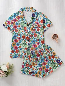 Women's Floral & Leaf Pattern Pajama Set, Fitted Short Sleeve Top & Loose Shorts, All-Season Comfortable Sleepwear
