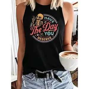 Women's Slogan Print Round Neck Tank Top, Casual Sleeveless Crew Neck Top for Summer, Ladies Clothes for Daily Wear, Sleeveless Printed