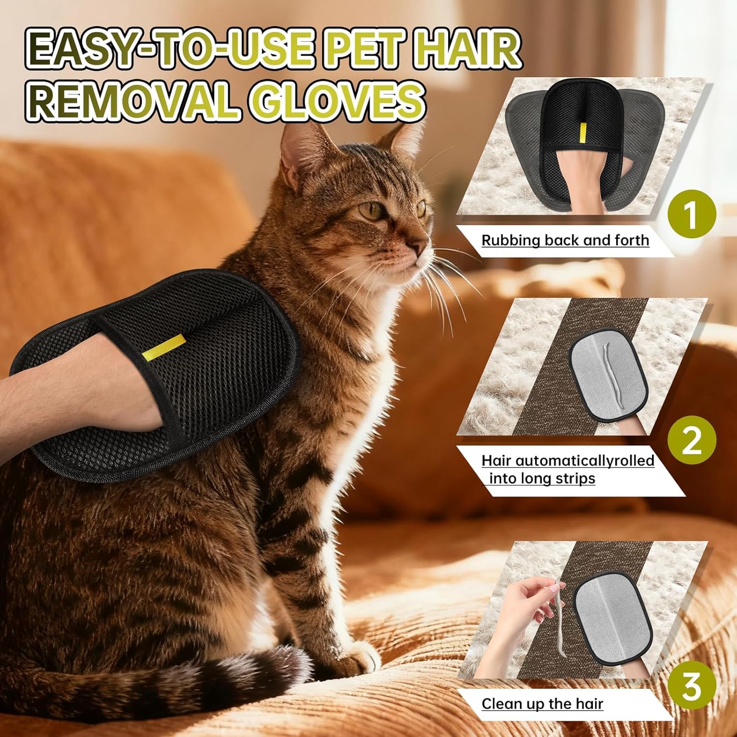 Static pet hair removal glove brush, reusable cat and dog static hair removal device beauty glove brush tool, suitable for sofas, clothes, carpets, curtains (black -2 pieces)