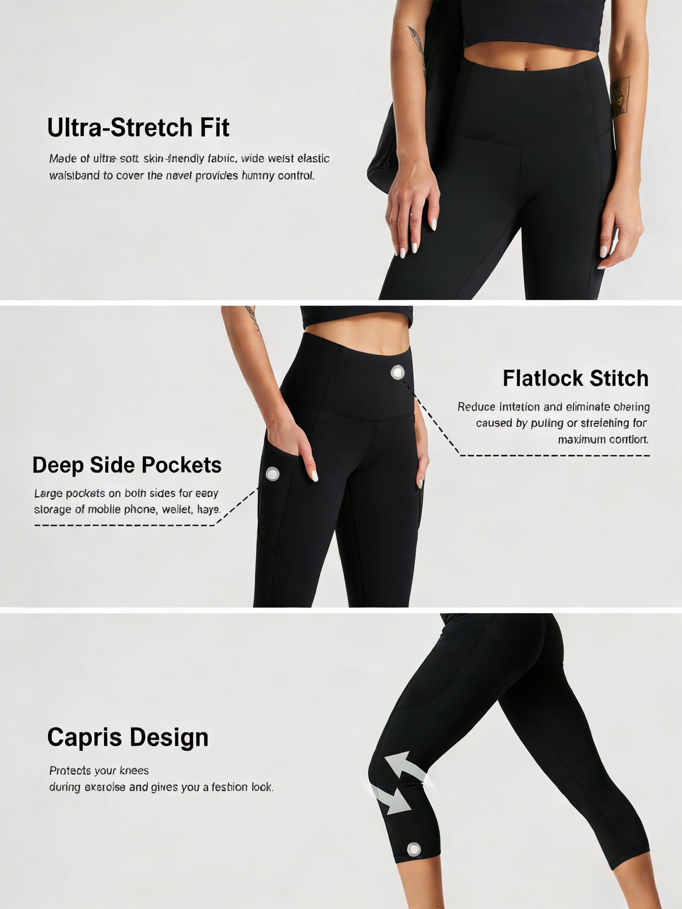 4-Pack yoga pants Sports Leggings For Women, High-Waisted Cropped Yoga Pants With Pockets, Women's Super Soft High-Elastic Capri Leggings - Full Coverage No See-Through Workout Pants, Solid Color Athletic Yoga Running Capris