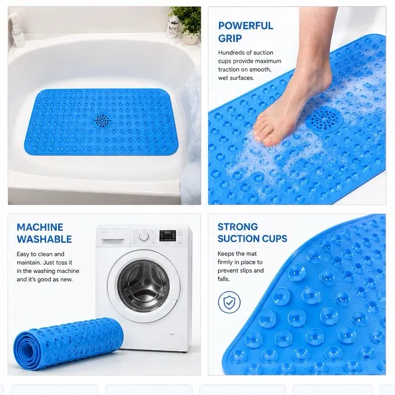 Clear Blue Shower Mat 40 x 100 cm Non Slip Bathtub Mats Suction Cups Washable Bathroom Inside Shower Mat Anti Mold