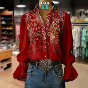 Cherrybetty Gradient Retro Floral Print Dlouble Flared Cuffs Blouse Womenswear Shirts Plus Size Fashion Clothes For Women Cute Tops For Women Long Sleeve Tops Women