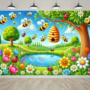 Polyester 2D Flat Bee Honey-Collecting Banner - 1pc Backdrop Cloth Party Flag Decoration for Birthday, Home Festive Supplies