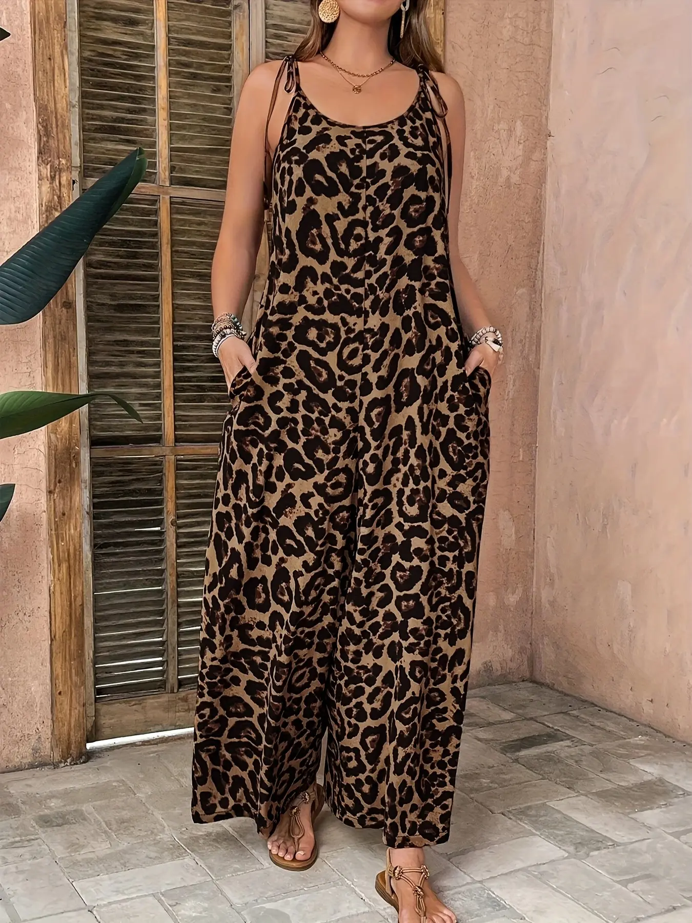 Women's Leopard Print Jumpsuit, Sleeveless Spaghetti Strap Adjustable Tie-Waist Wide Leg Bell Bottom Rompers, Loose Fit Casual Wear, Stylish and Comfortable for Daily Use