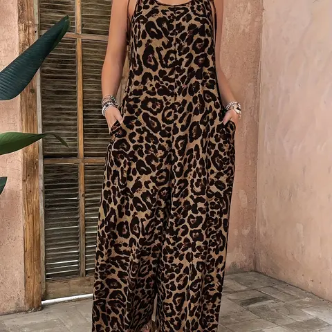 Women's Leopard Print Jumpsuit, Sleeveless Tie-Waist Wide Leg, Loose Fit Casual Wear, Stylish and Comfortable for Daily Use, Adjustable