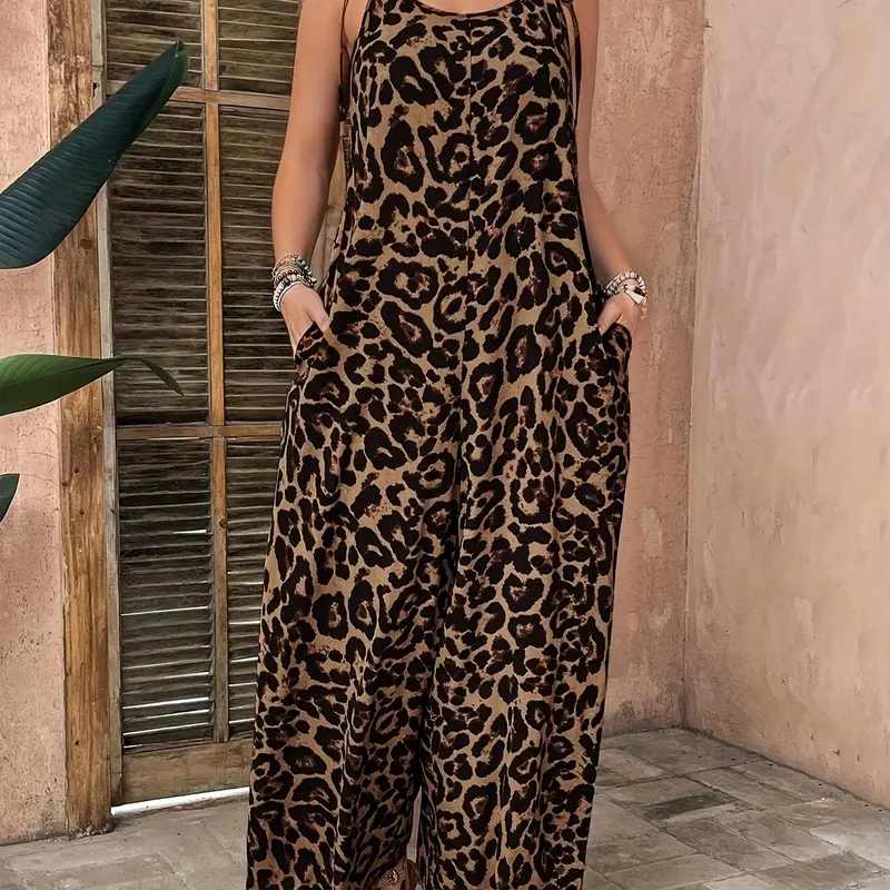 Women's Leopard Print Jumpsuit, Sleeveless Tie-Waist Wide Leg, Loose Fit Casual Wear, Stylish and Comfortable for Daily Use, Adjustable