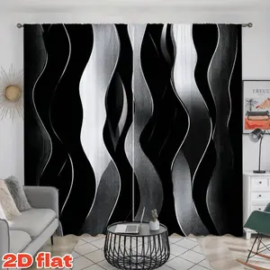 2D Flat 2Pcs Abstract Black and White Wavy Stripe Print Curtains, Elegant Privacy Protecting Window Drapes, Semi Sunshade for Living Room, Bedroom, Dining, Kitchen, Home Decor