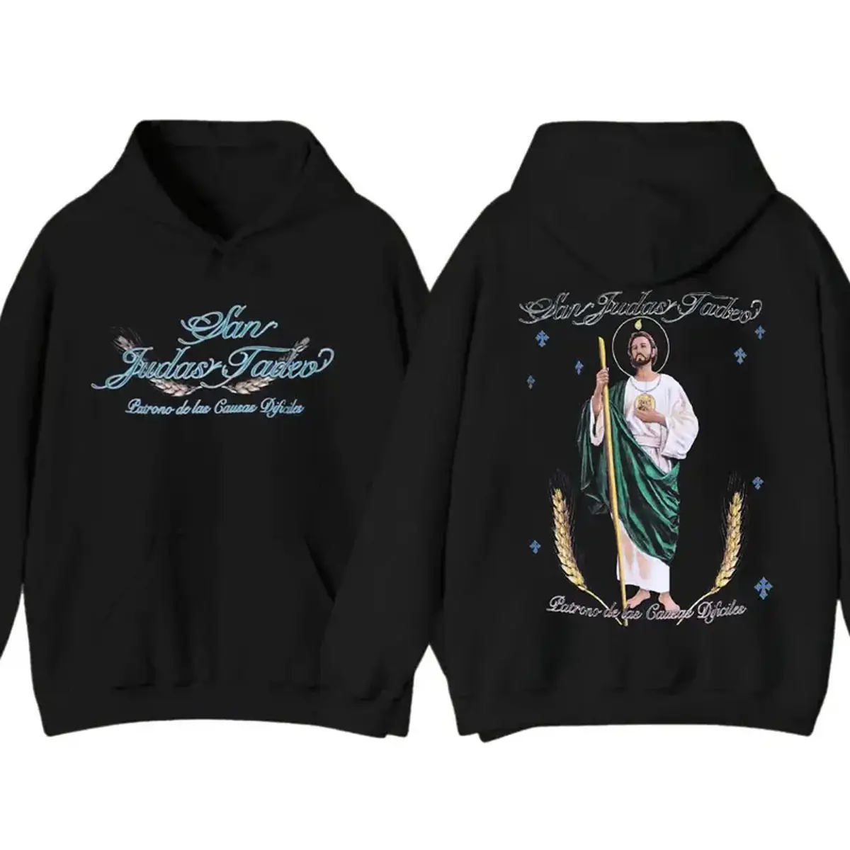 Saint Jude Thaddeus 2 Sided Hoodie – San Judas Tadeo Glitter Hoodie, Classic Cotton Unisex – Made in USA