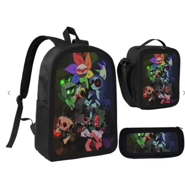 Dandy’s World Unisex Dark Monster Characters 3-Piece Backpack Set - Lightweight Waterproof Oxford Fabric, Adjustable Straps, Minimalist Chic Lunch Bag, Zippered Pencil Case for School/Travel (Backpacks for School)