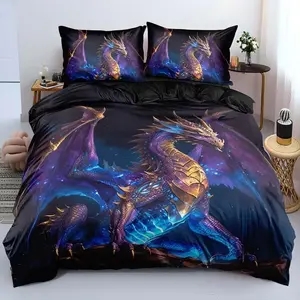 3-piece set, Bed sets supplies (1 duvet cover+2 pillowcases, no core), featuring printed dragon design under starry sky, soft and comfortable, perfect for bedroom decor, simple, high-end, zippered, machine washable
