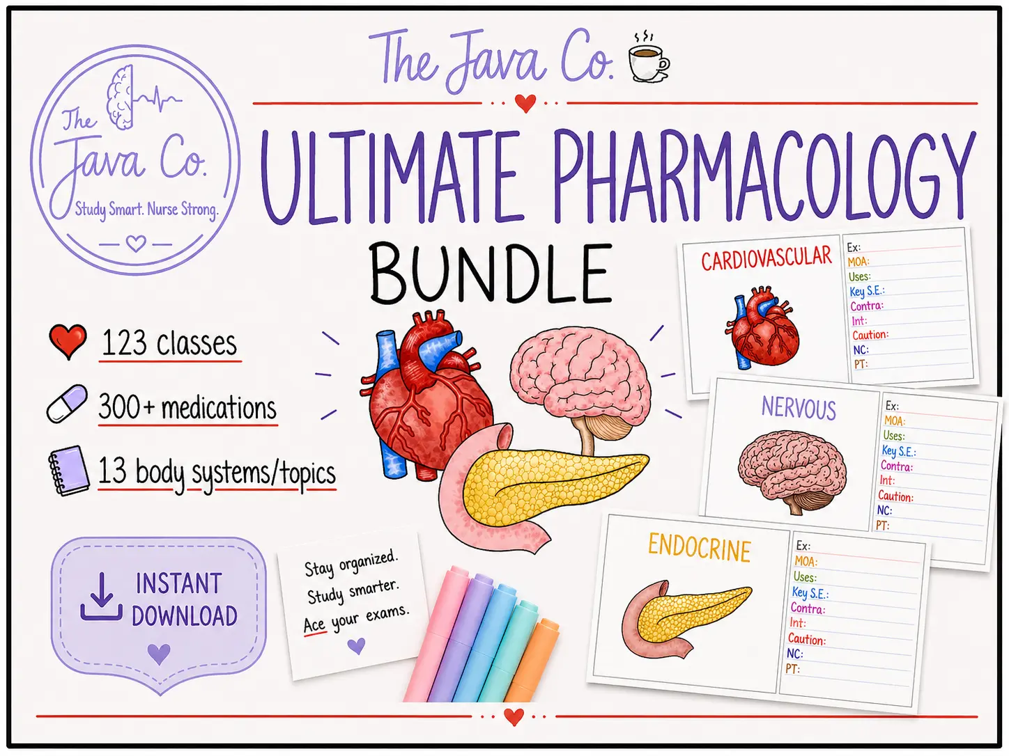 JavaCo Pharmacology Flashcards for Nursing Students, Flashcards for Studying, 131 Med Classes, NCLEX & HESI Test Preparation