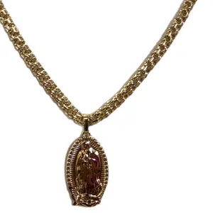 14 Gold plated Chino Link necklace 20 Inch(most popular) Virgin of Guadalupe Pendent(~1.5 X .5 )every day wear         Cadena tipo chino chapada en oro de 14K de 20 pulgadas (la más popular) + dije de la Virgen de Guadalupe (1.5 x 0.5), para uso diario.