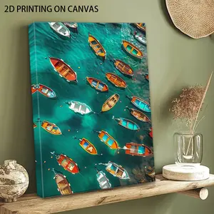 2D Flat, 1 Piece Framed Canvas Wall Art - Turquoise Watercolor Ship Bird's Eye View, Summer Coastal Decoration, Modern Home Decoration, Closed Frame and Hook Installation, Indoor/Outdoor Home Use - Perfect Gift for Beach Enthusiasts, Summer H