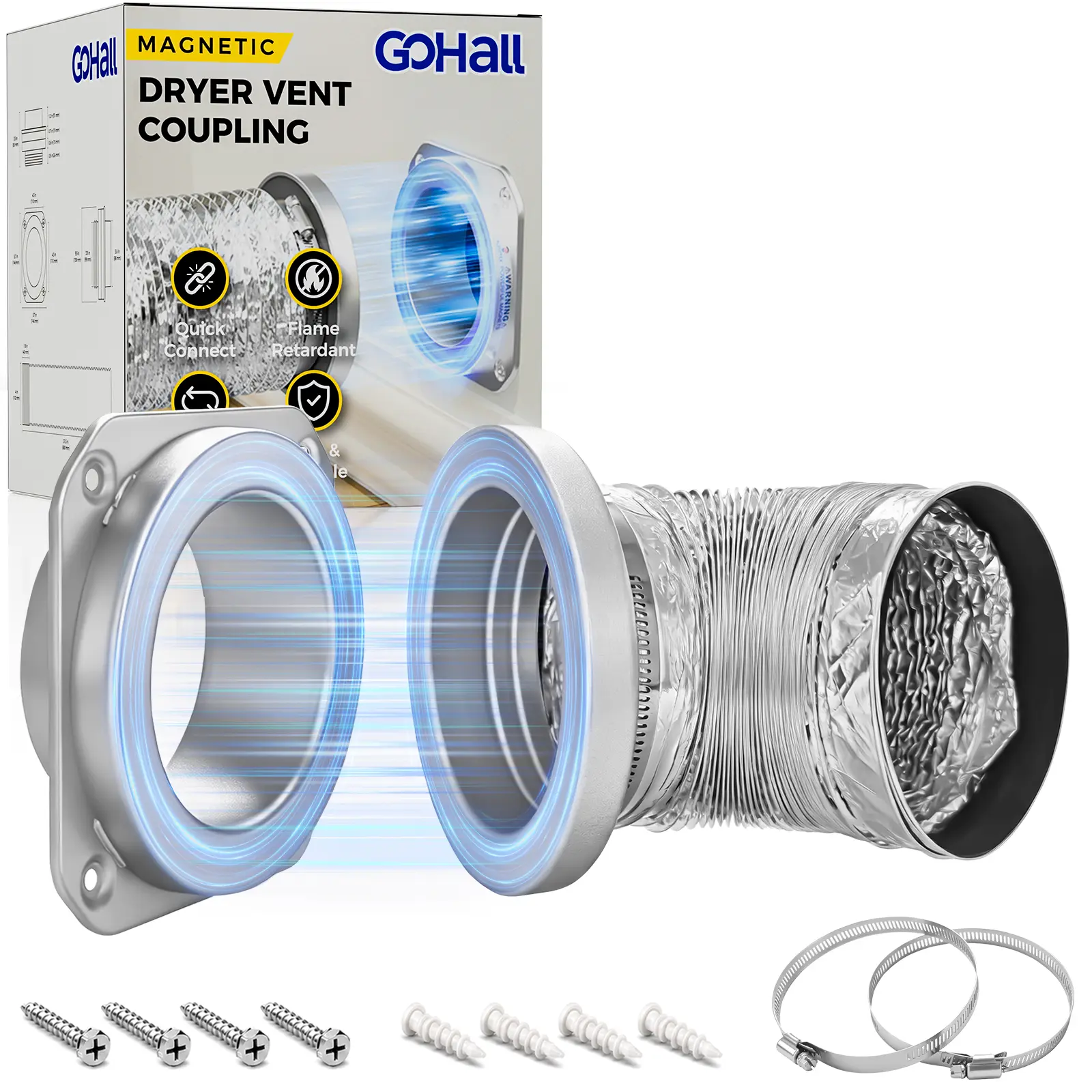 GOHALL DV180 Magnetic Dryer Vent Connector Kit, 4-Inch Aluminum Alloy Quick Connect Coupling with Strong Magnet Airtight Seal, 3.1 FT Aluminum Foil Hose, Screws & Wall Anchors for Easy Installation, Disconnect & Cleaning, Lint Control