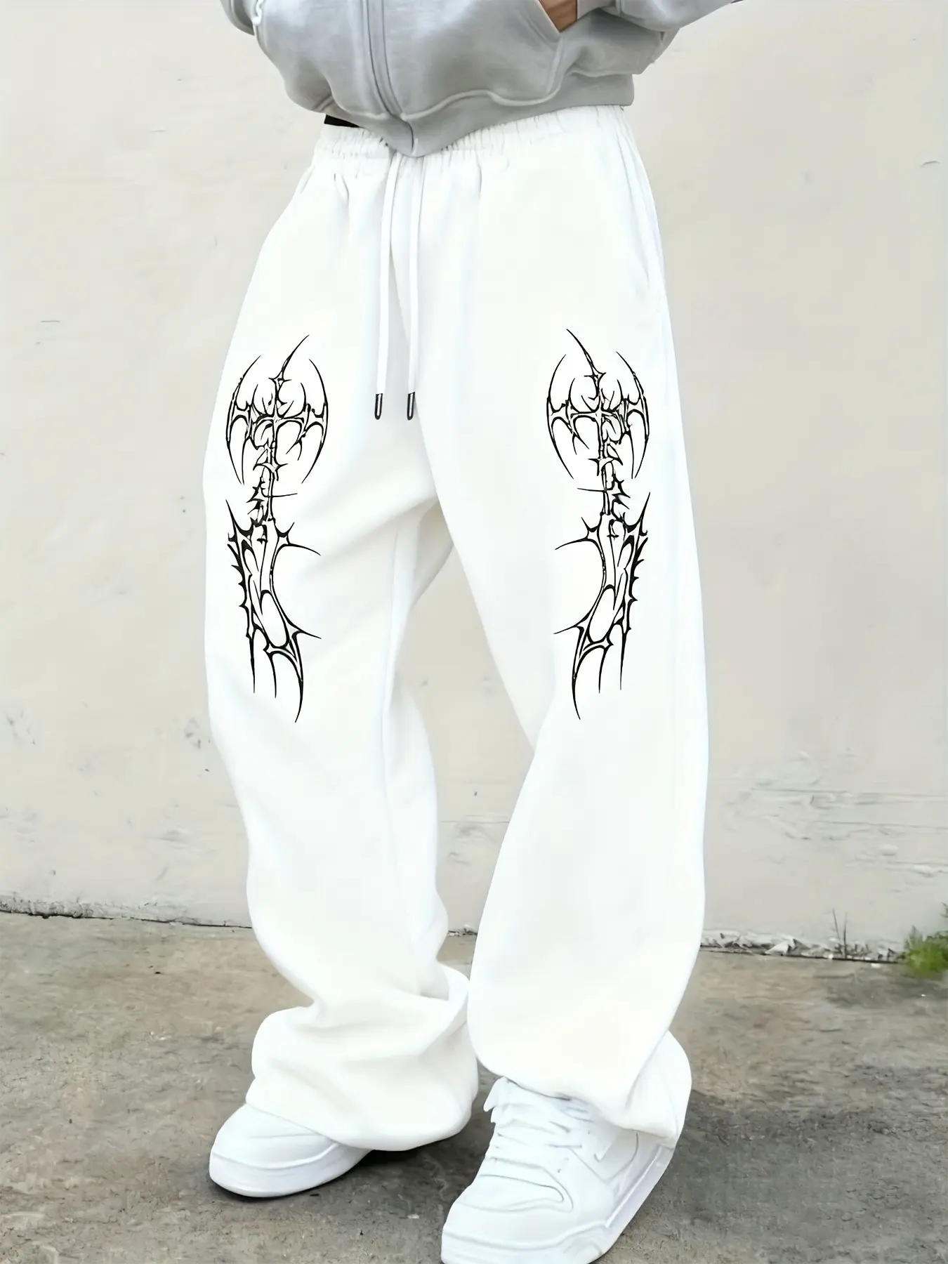 American High Street Thorn Spider Web Print Sweatpants, Loose Fit Wide Leg Pants, Dark Subculture Casual Sportswear for Men and Women