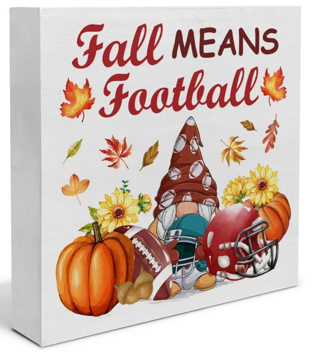 Fall Football Gnome Decor, Harvest Autumn Thanksgiving Sign, Fall Means Football Wooden Square Sign for Home Desktop Decor (5 x 5 Inches)