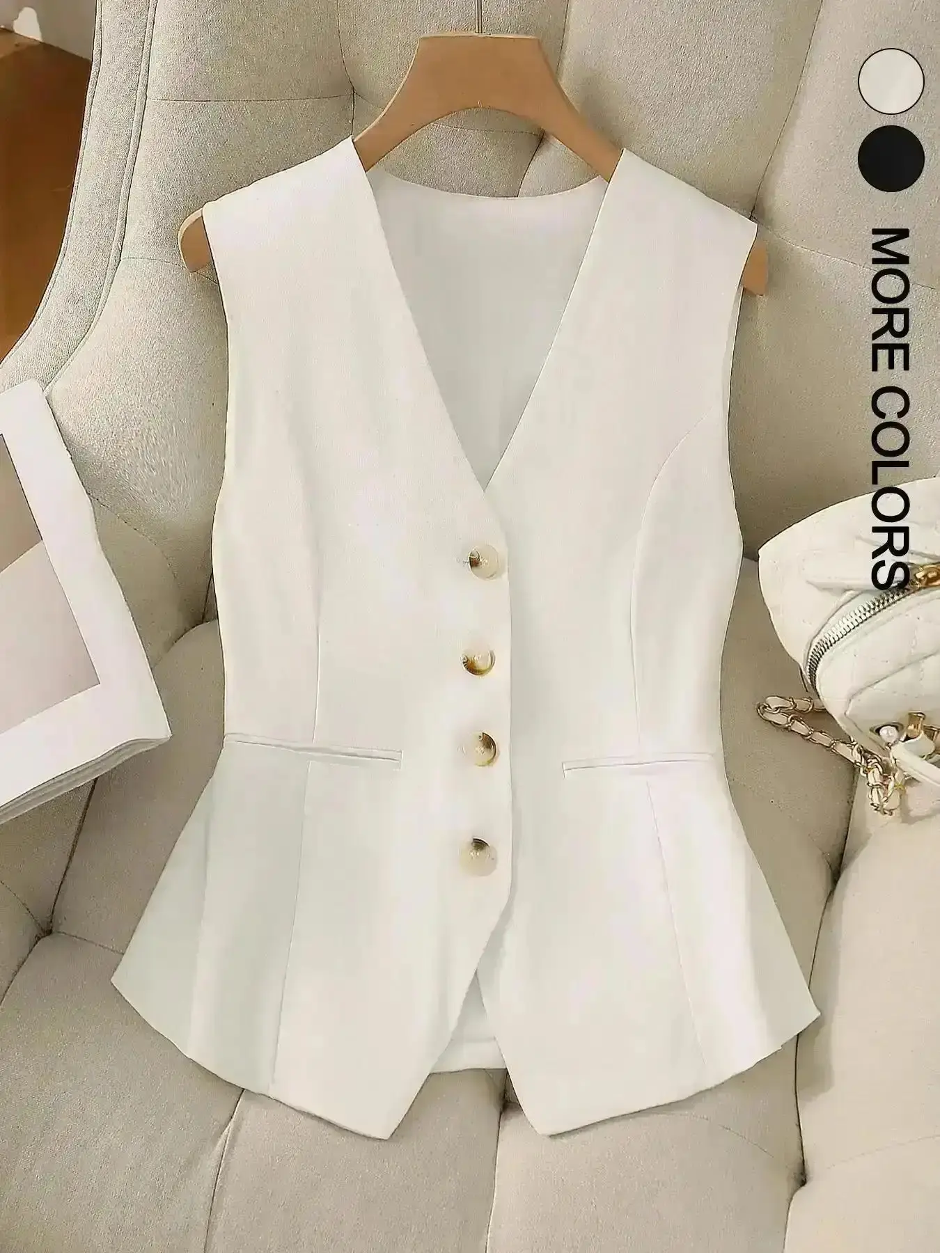 Versatile 2026 Women's Solid Button Front V Neck Vest Blazer Casual Sleeveless Jacket for Spring Fall Layering Y2K Office Aesthetic Tops, Outdoor, Going Out, Fresh Look, Fashion, Simple Style, Contemporary, Picnic Ready
