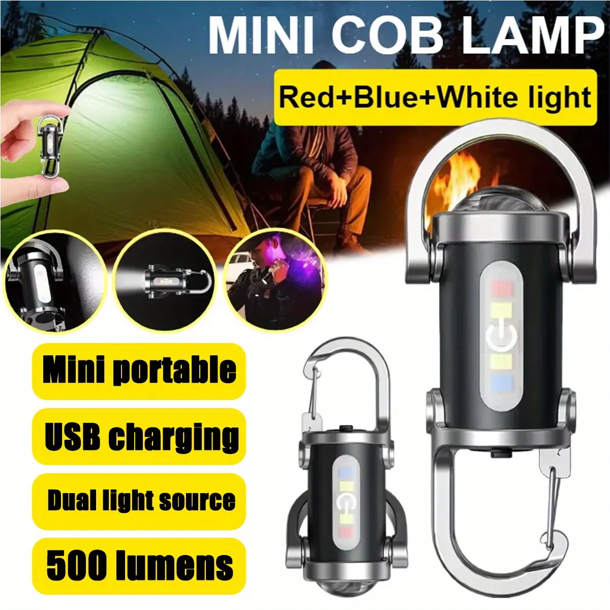 Portable COB Tactical Keychain Emergency Flashlight - USB-Charging, 500-Lumen, 3-Speed Dimming, Red-Blue Dual Flash, Outdoor Security Alarm, Power Outage Backup, Emergency Alert, Polycarbonate, Cells, for Night Running, Fishing, Home Use