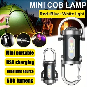 Keychain emergency light USB charging 500 lumens | Mini red and blue dual flash flashlight night run outdoor security power outage backup | Portable COB tactical light 3-speed dimming home car high brightness, suitable for night running, hiking, pow