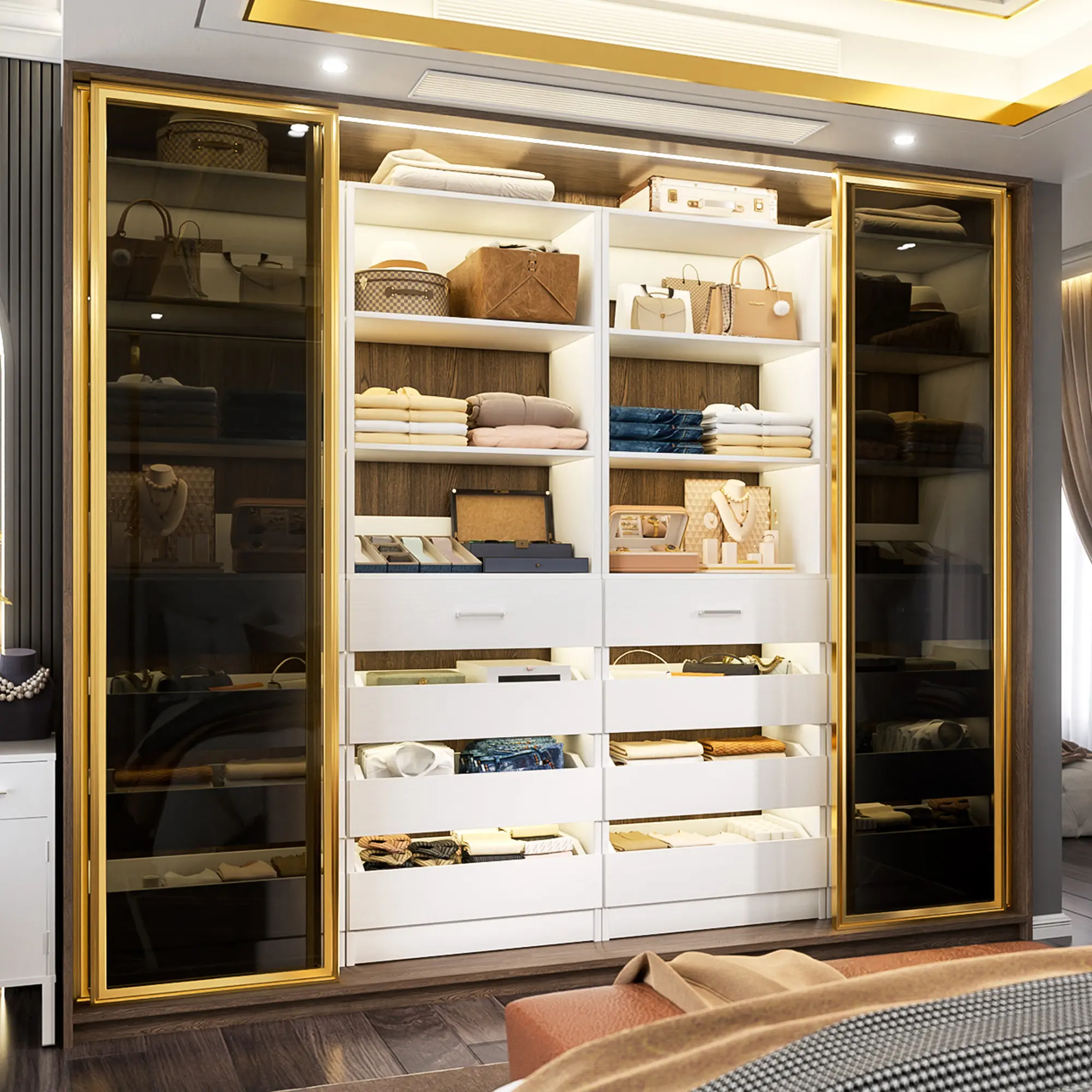 21.3'' W Closet System with 4 wooden Drawers, Modern Walk-in Closet Organizer with 3 Open Shelves, Home Bedroom Organization Design Furniture Interior