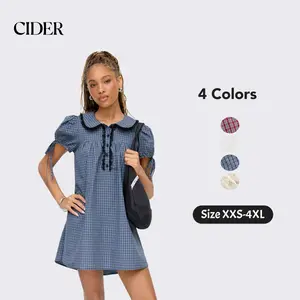 Cider Peter Pan Collar Plaid Puff Sleeve Mini Dress – Women's Cute Casual Daily Wear, Soft Breathable Fabric, Easy to Style, Spring/Summer Versatile, Sweet Preppy Fit