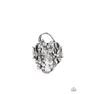 Flirtatiously Flowering - White Rhinestone Silver Floral Ring - Paparazzi
