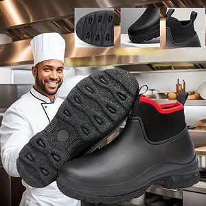 Men's High Quality Slip-On Ankle-High Rain Boots - Durable Rubber Outdoor Shoes with EVA Cushion for Fishing, Car Washing, Hiking & Kitchen Use - All-Season Black with Red Accents, Outdoor Footwear | Slipon Boots | Rubber Sole