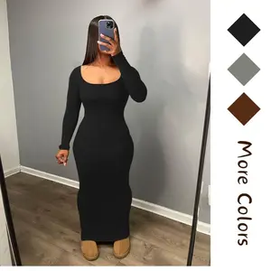 Sexy Crew Neck Lounge Long Dress Fitted Long Sleeve Ribbed Bodycon Maxi Dresses for Women