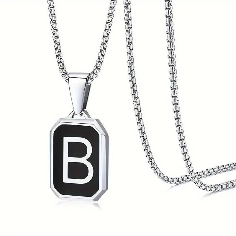 Unisex Initial Necklace A-Z, Square Capital Letter Charms in Black and Silver, Made of Stainless Steel, 24 Inch Chain, Ideal as a Gift or Jewelry Piece Unisex Initial Necklace A-Z, Square Capital Letter Charms in Black and Silver, Made of Stainless Steel, 24 Inch Chain, Ideal as a Gift or Jewelry Piece